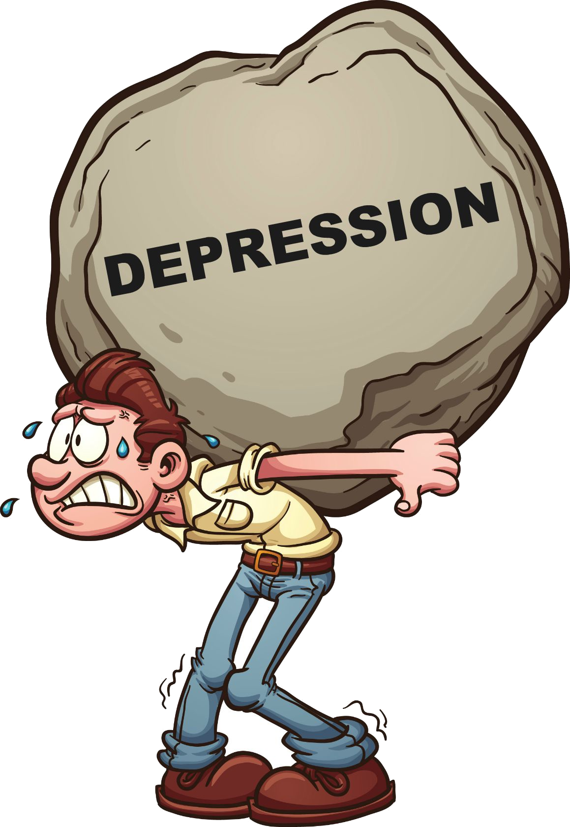 Image depicts a cartoon man carrying a large boulder on his back. The boulder has the word 'depression' written on it. The man is clearly struggling