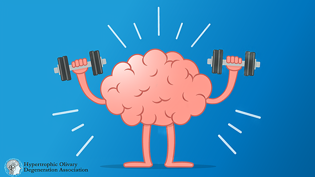 A cartoon pink brain with arms and legs, lifting small hand weights.